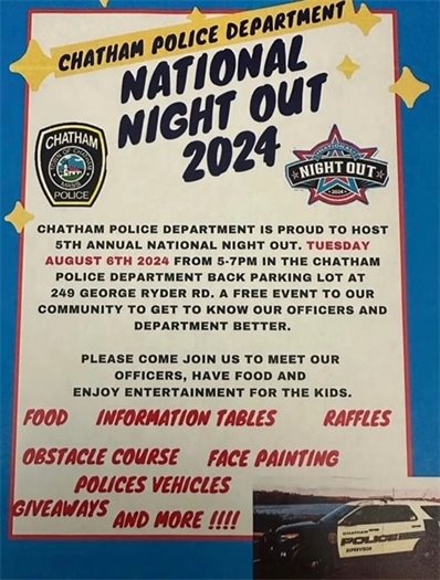 National Nigh Out at te Police Station 5-7 p.m on Tuesday, August 6th