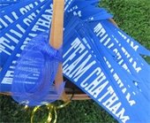 Blue pennants with Team Chatham on them in a basket on the grass