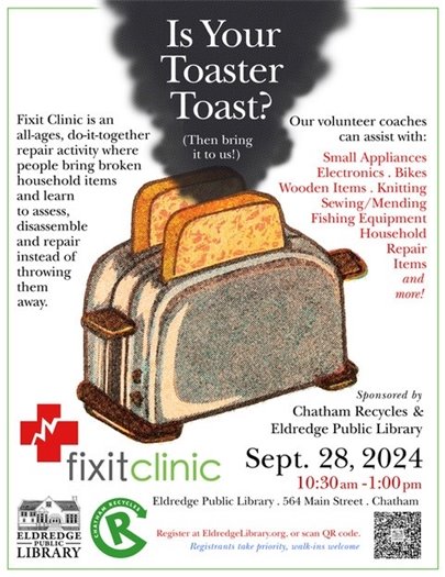 Flyer for the Fix It Clinic at Eldredge Public Library Saturday Sept 28th
